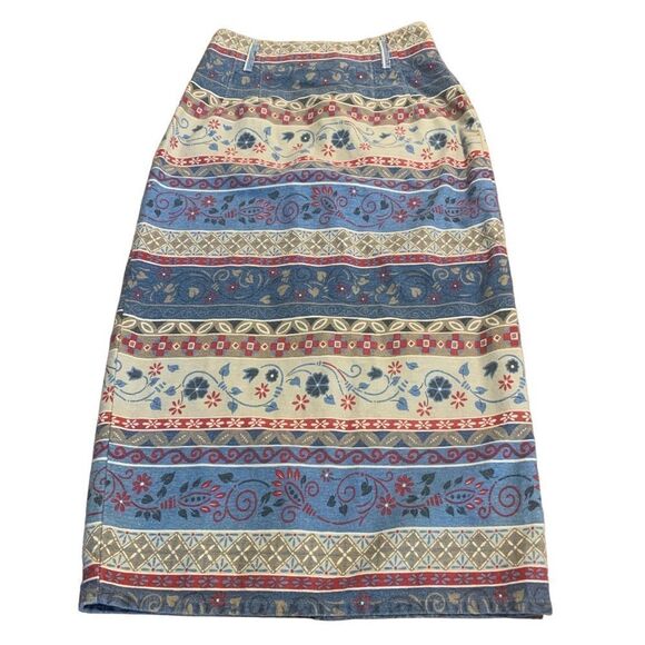 Vintage Vivaldi Jeanswear Artsy Aztec Floral Boho Geometric Denim Maxi Skirt 8 - Picture 1 of 7